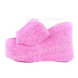 Pink Furry Platform Wedge Slippers Women Stylish Fur Open Toe Girls Lovely Party Shoes Female Elegant Round Toe Fluffy Slippers