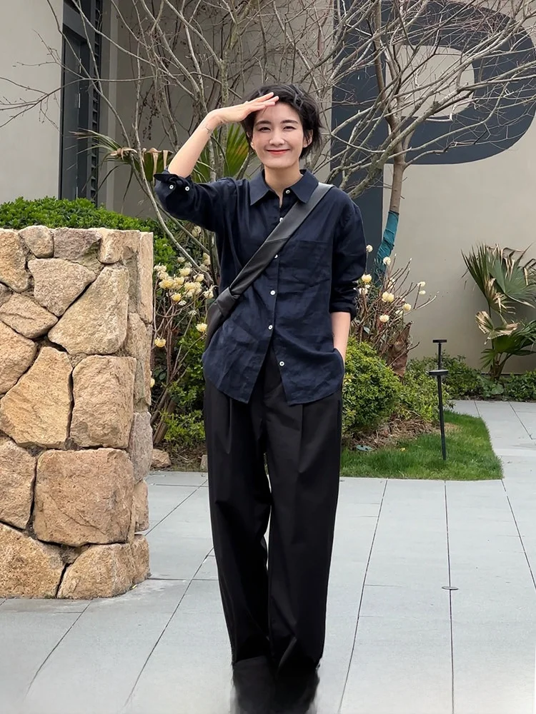 

Loose Fit Long Sleeve Shirt Women's Spring New Style Thin Fashionable Casual Shirt Qingcang Blue Color Breathable Linen Material