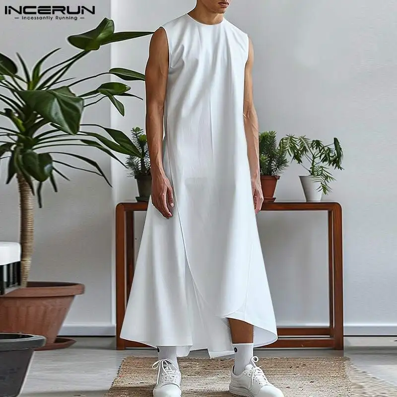 

2024 Men Muslim Jubba Thobe Solid Color O-neck Sleeveless Islamic Arabic Kaftan Casual Male Caftan Middle East Robes INCERUN