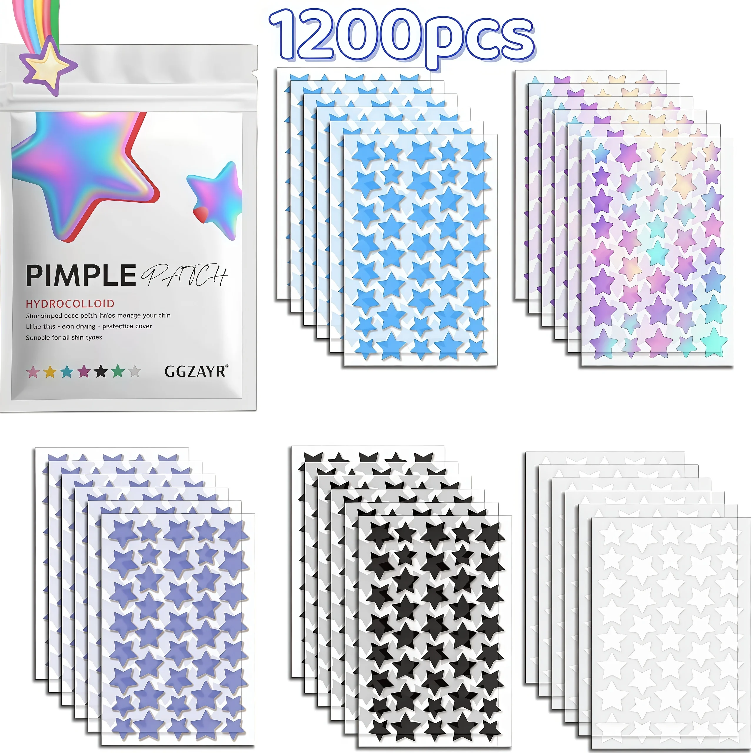 800/1200pcs Five Color Star Hydrocolloid Patches, Mixed Shade Invisible Spot Covers