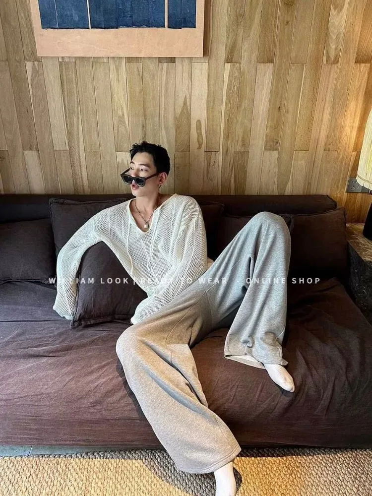 Lace-up Design Hollow Out Knitted Sweater Mens Summer Knit Sweater Lazy Casual High-end Top Long Sleeve Pullover White Harajuku