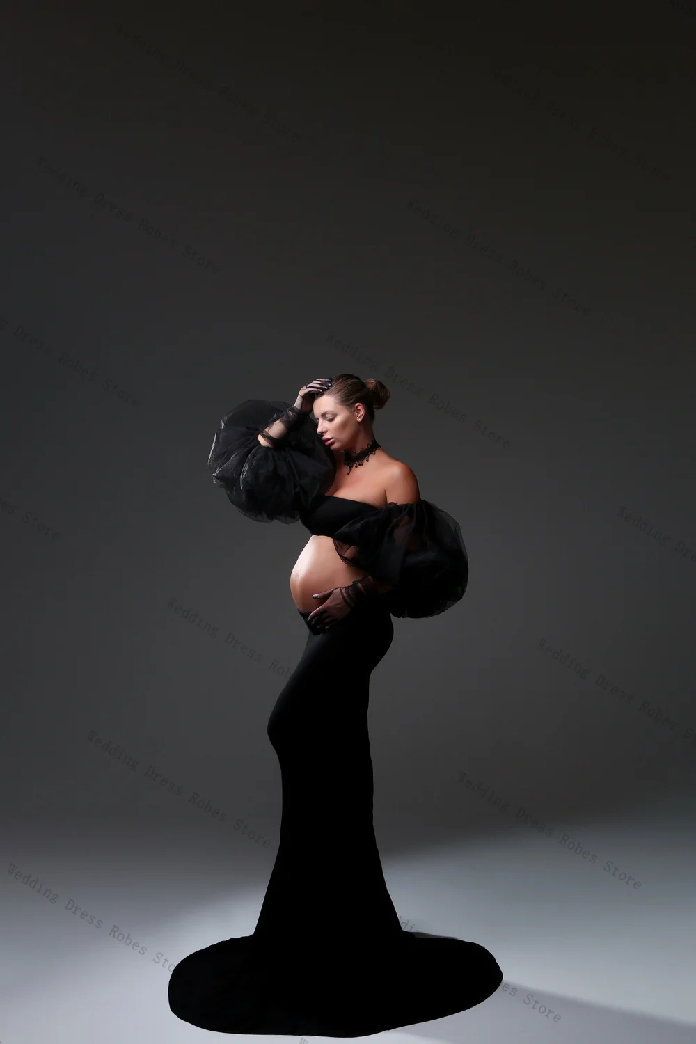 

Black Woman Pregnant Prom Dress Sexy Off Shoulder Full Sleeves Maternity Robes Evening Gown Tiered Tulle Sleepwear Customized