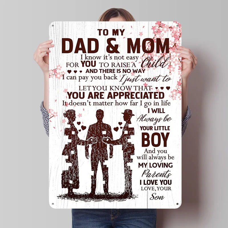 „An Papa und Mama vom Sohn“ – Bedrucktes Poster, personalisierte Wandkunst, Retro-Vintage-Metallschilder für Zuhause, Garage, Accessoires, Haus