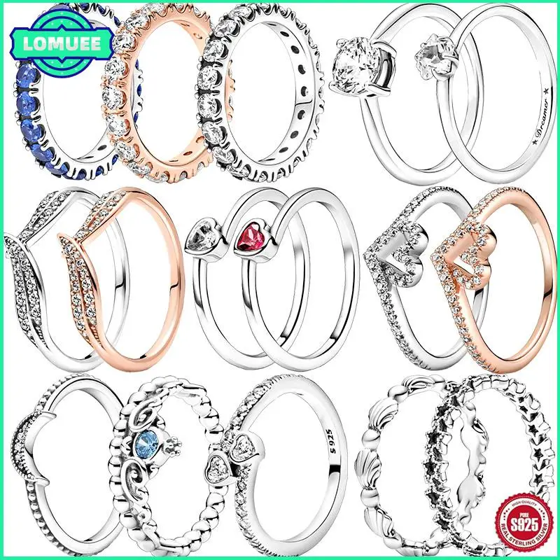 925 Sterling Silver CZ Anéis para Mulheres, Zircão Transparente, Espumante, Wishbone, Lua, Inclinado, Coração, Coroa, Flor, Aniversário, Jóias De Casamento