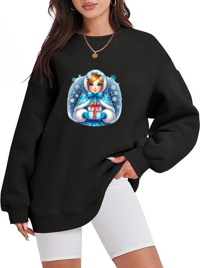 

Round Neck Women's Sweatshirt Long Sleeve Pullovers Velvet Winter Casual Novy God Russian New Year Printed Pattern Sweater