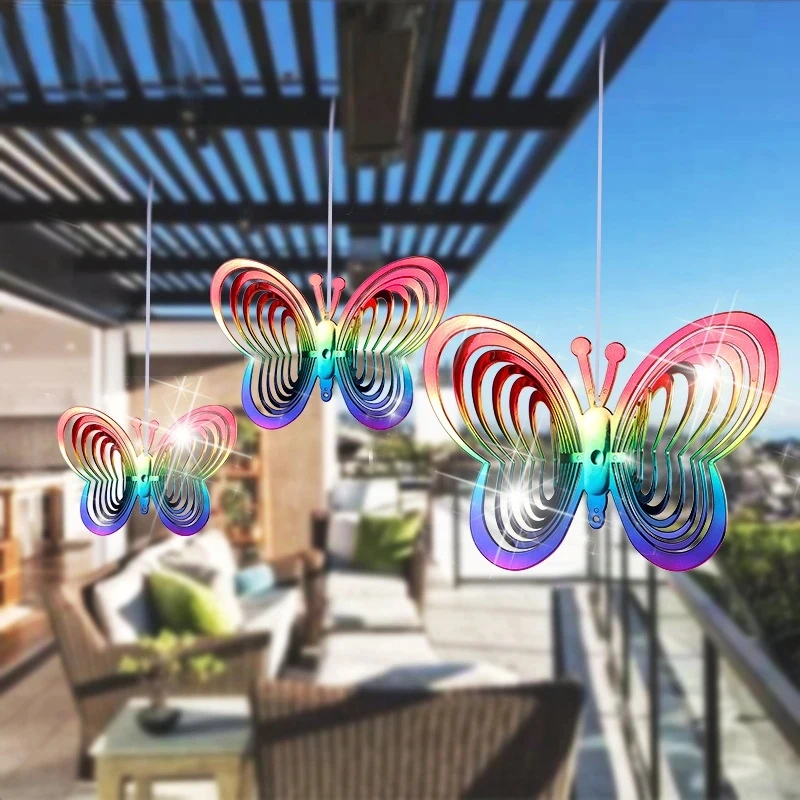 Heart Butterfly Wind Spinners Hanging Ornaments Bird Deterrent Wind Catcher Rotating Wind Chime Home Garden Outdoor Decorations