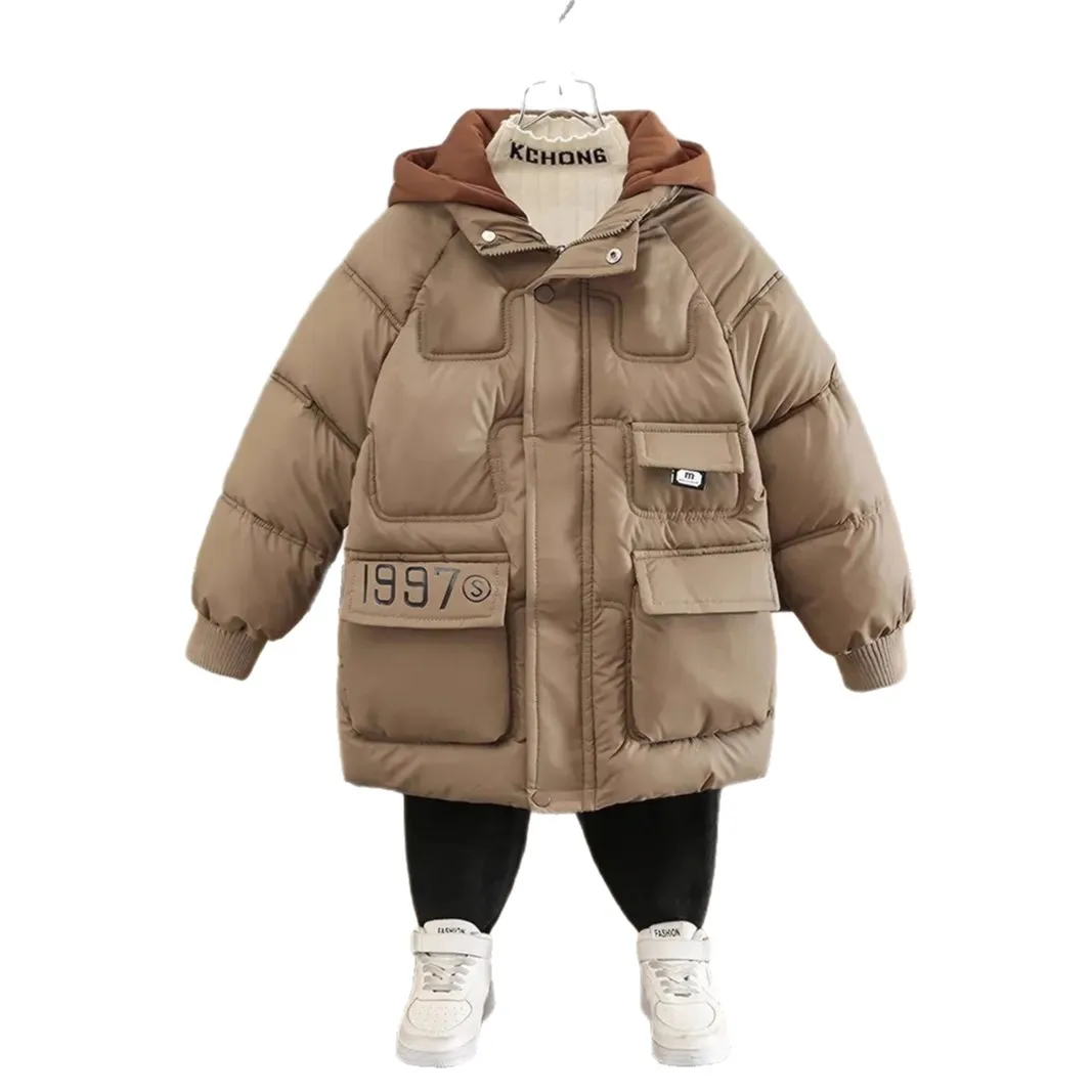 

2025 Autumn Winter Retro Kids Puffer Warm Jacket, Long Hooded Warm 4 - 12 Years Boys Coat, Kids Windproof Outerwear