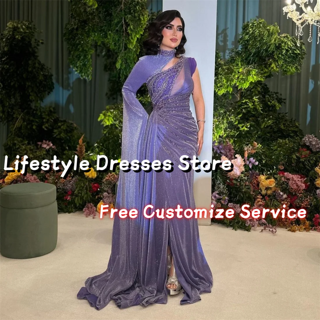 Customized One-shoulder Shiny Purple Prom Dresses Beads Sequins Long Evening Dress Saudi Arabia Party Gown