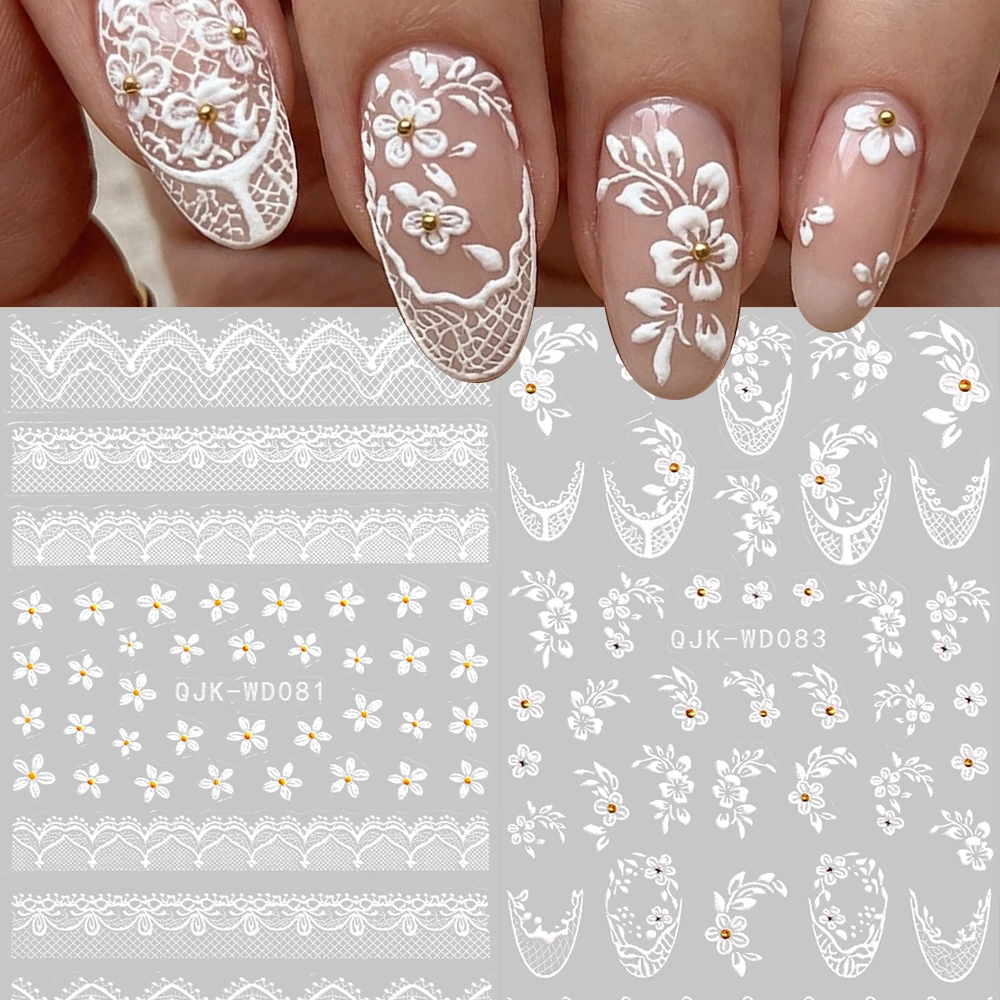 2 Stück geprägte Spitzenblumen 3D-Nagelaufkleber, weiße florale französische Nagelaufkleber, DIY-Maniküre, Hochzeit, Nageldekorationen, Nagelzubehör
