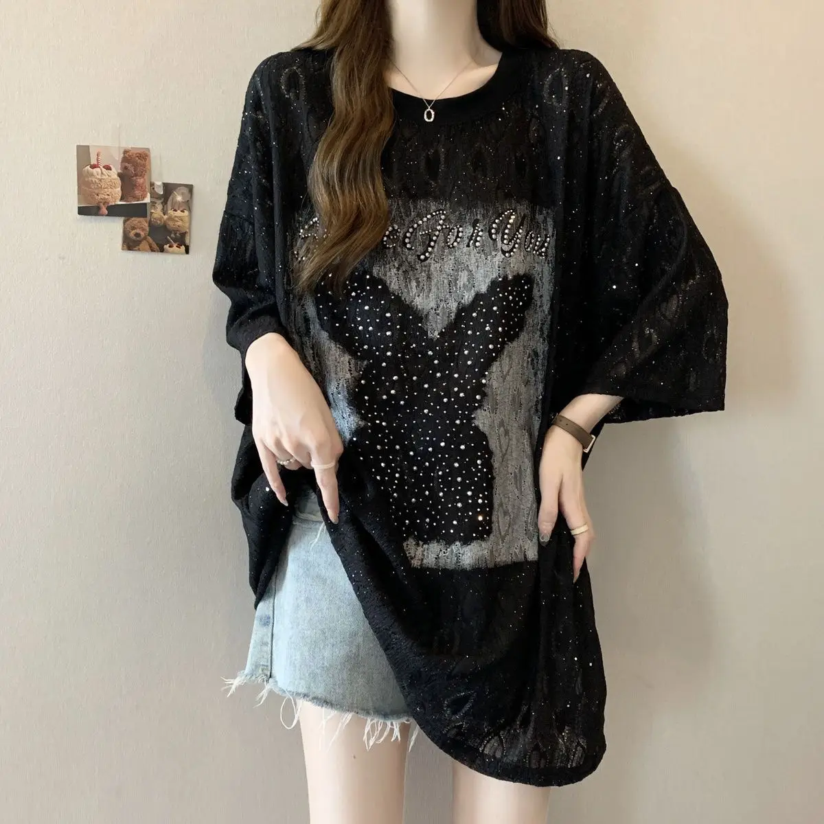 Plus-size Women's Spring And Summer New Loose Slimming Lace Jacquard Letter Beaded Round Neck Short-sleeve T-shirt