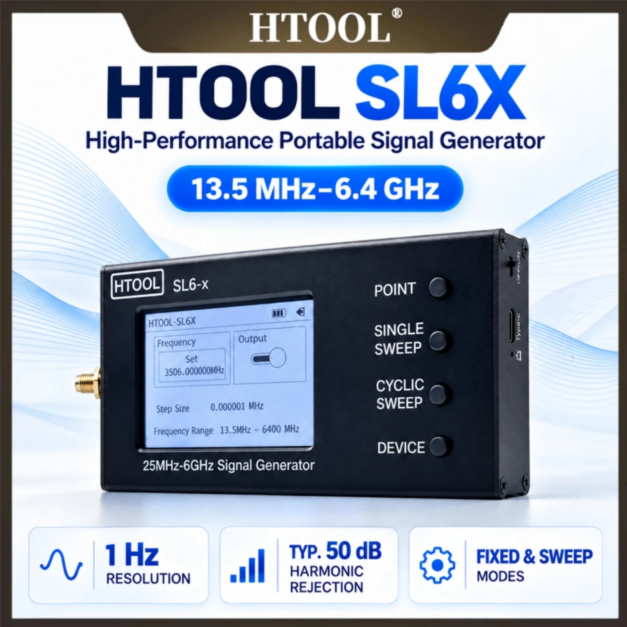 HTOOL-SL6X Signal Generator 13.5MHz-6.4GHz 1Hz Resolution 0dBm Output Point/Sweep Mode SCPI USB-C for Lab Test