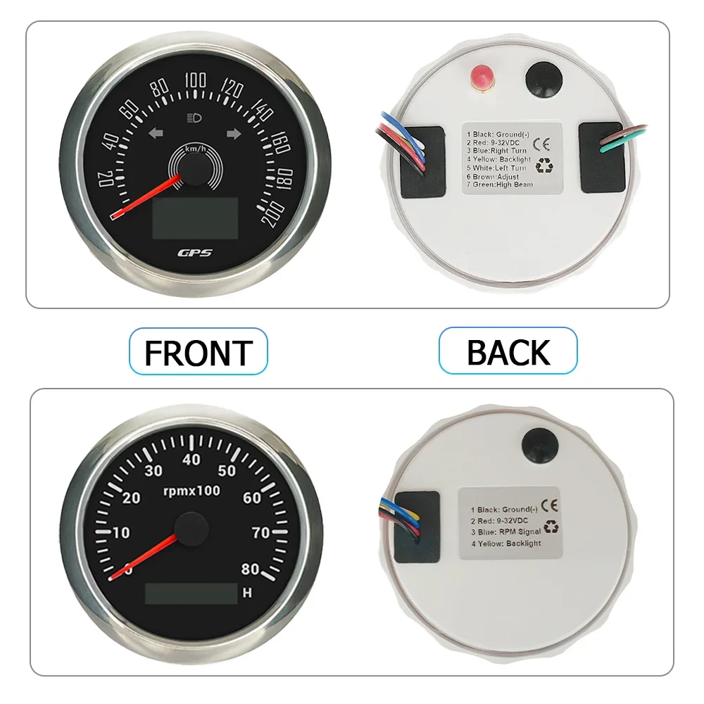 

Motorcycle Universal 2 Gauge Set 85mm GPS Speedometer 160MPH 0-200km/h + 0-8000RPM Tachometer with 7 Colors Backlight for Yacht