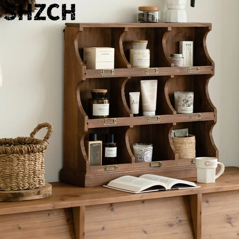 Solid Wood Multi-tier Storage Shelf Retro Home Lattice Cabinet Living Room Display Rack Practical Sundries Sorting Decor Racks
