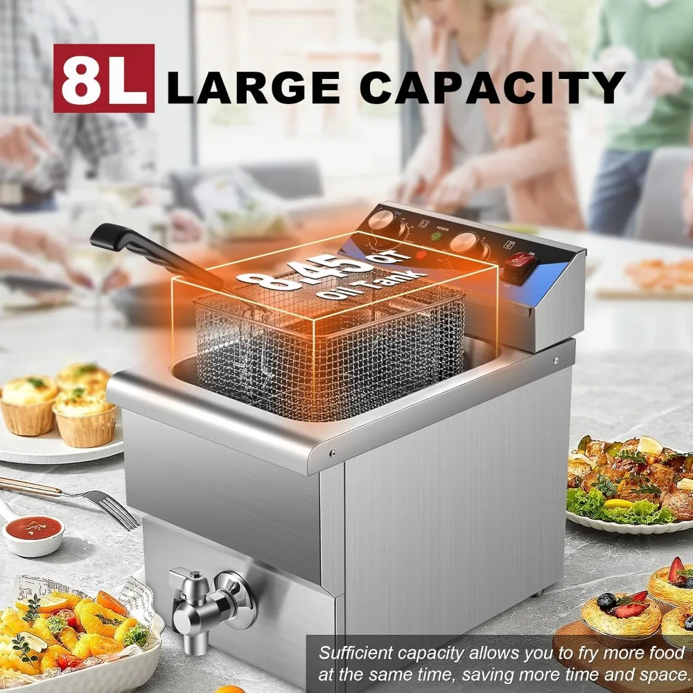 8L/8.45QT Commercial Electric Deep Fryer with Basket & Lid, Stainless Steel Kitchen Countertop Frying Machine with Drain