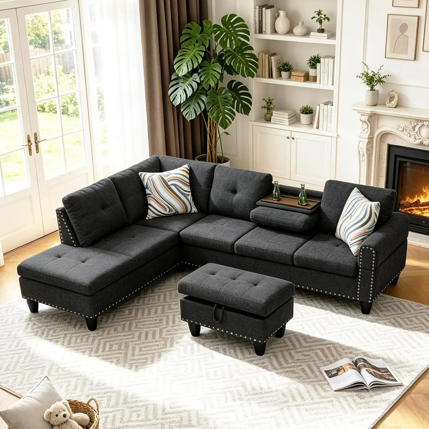 Left Facing Sectional Sofa With Ottoman, Linen Upholstery, Living Room Furniture, Customized