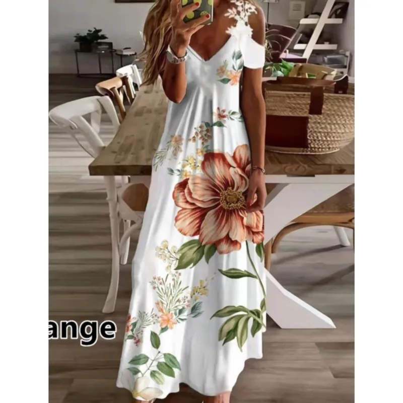 Women's New Lace Lace Suspender V-neck Fashion Printed Loose Dresses Cold Shoulder Long Dress Beach Party Dress Female Vestidos