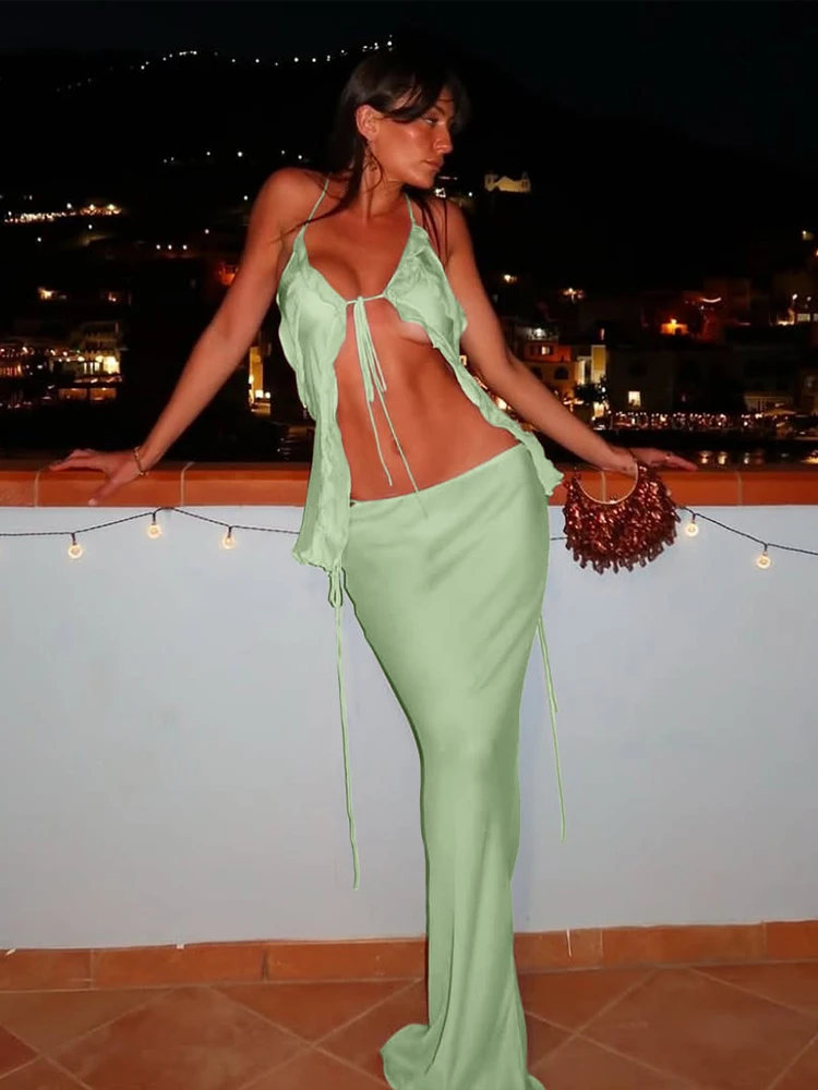 

InGrily Sexy Mesh See Through Shirring 2 Piece Set Women Irregular Ruffles Backless Tops+Long Skirt Vacation Beach Style Outfits