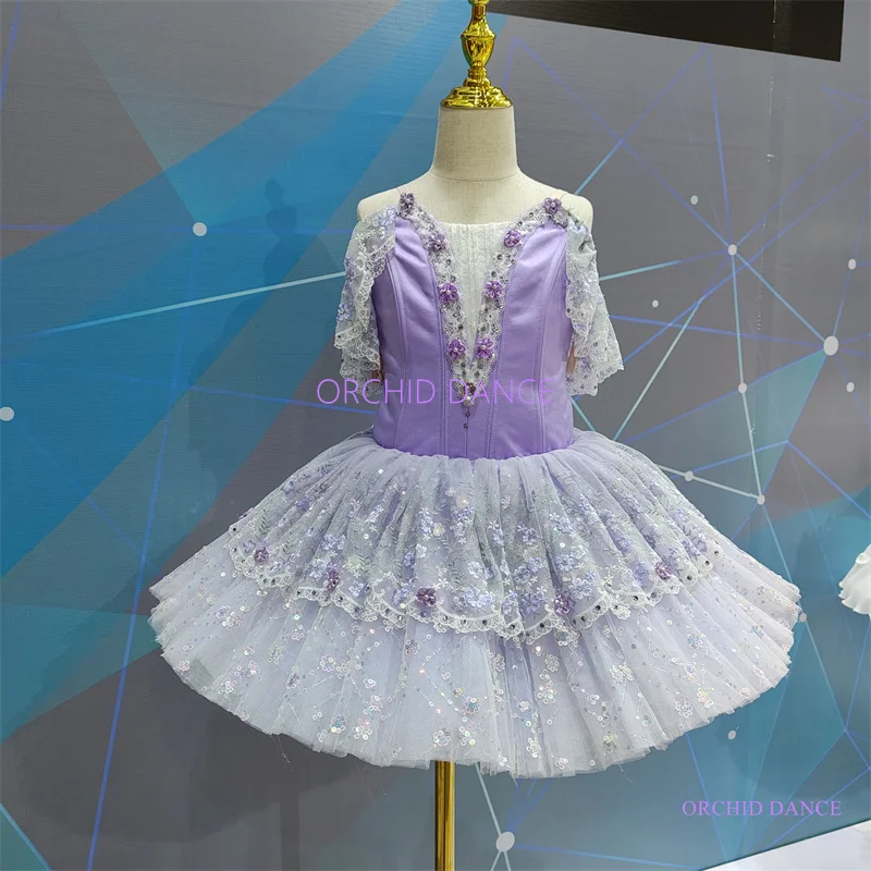 Professional Kids Girls Adult Floral Fairy Performance Wear Costumes Bell Shap Lilac Purple Ballet Tutu Dress with flowers