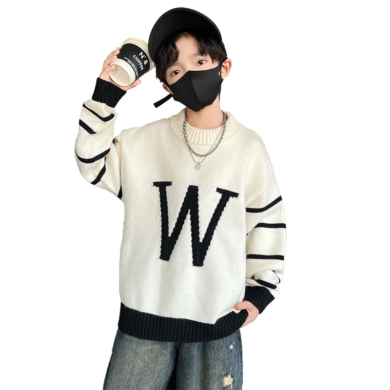 

Children Sweater 2025 Spring New Letter Printed Baby Boy's Knitwear 5-14Year Teens Kids Casual Round Neck Knitted Pullover Tops