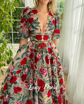 Lucy Feestjurk Baljurk V-kraag Bruiloft Bloemen Kant Avondjurken Luxe 2024 Prom Vrouwen Midi Dames Gala Vrouw Aangepast