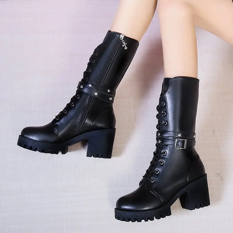 Autumn Winter Women Mid Calf Boots Platform Lace Up Thick High Heel Short Boots Fashion High Heel Leather Botas for Women D325