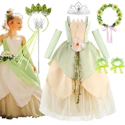 Girls Tiana Dress Up Evening Party Green The Princess and the Frog Ball Gown Fancy Fairy Birthday Fluffy Dresses