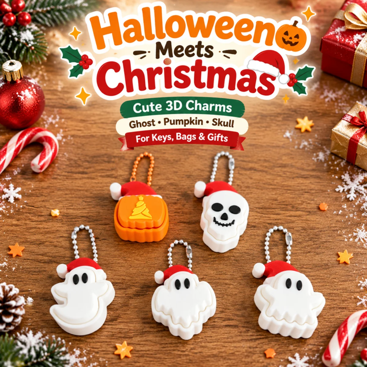1pc Cute Christmas Ghost with Santa Hat,3D Printed Eco-friendly PLA,Clicker Fidget Toy,Portable Keychain Pendant for Backpack