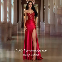 NFYN Red Mermaid Sweetheart Formal Gown Stain Spaghetti Strap Evening Dress Beaded Celebrity Dress with High Split Customized