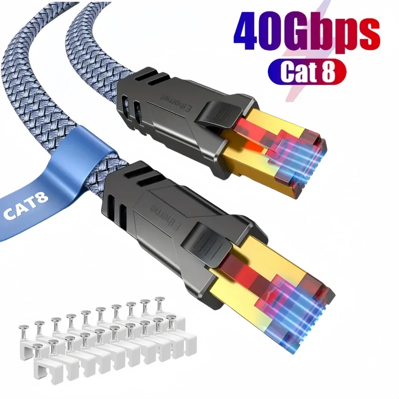 MIZIQIER 40Gbps Cat8 Ethernet Cable 2000Mhz Braided Falt Cable,Golden RJ45 Connector for Router,Modem, PC, Gaming, PS5, Xbox