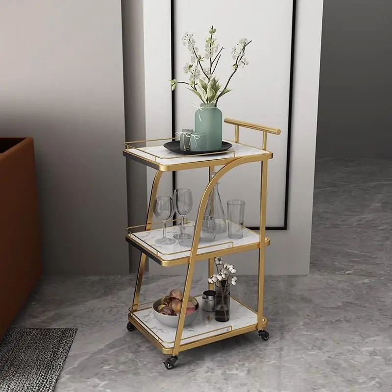 

Nordic golden trolley household iron dining side table light luxury mobile coffee table living room rack coffee t