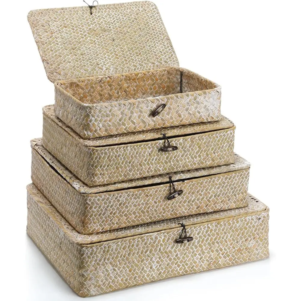 

Набор из 4 плетеных корзин из морской травы с крышками, декоративные корзины для хранения, плетеные органайзеры для хранения, плоские корзины для хранения