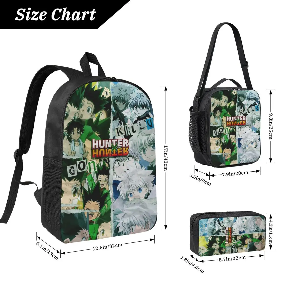 Anime HXH Hunter x Hunter Zaino Studente Ragazzo Ragazza BookBag Borsa da scuola Borsa a tracolla per computer Borsa da pranzo isolata 3ps Astuccio