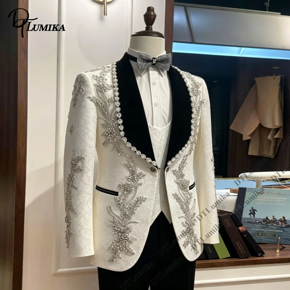 DTLumika Exquisiter Herrenanzug für Hochzeiten, dreiteilig, mit Kristallapplikationen, luxuriöser Bräutigamanzug, Smoking, Jacke, Weste, Hose
