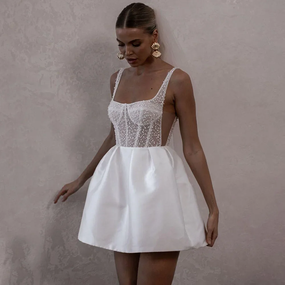 Flavinke Spaghetti Straps Beads Pearls Sheer Corset Wedding Dresses Sleeveless Short Wedding Gowns Backless Bridal Gown vestido