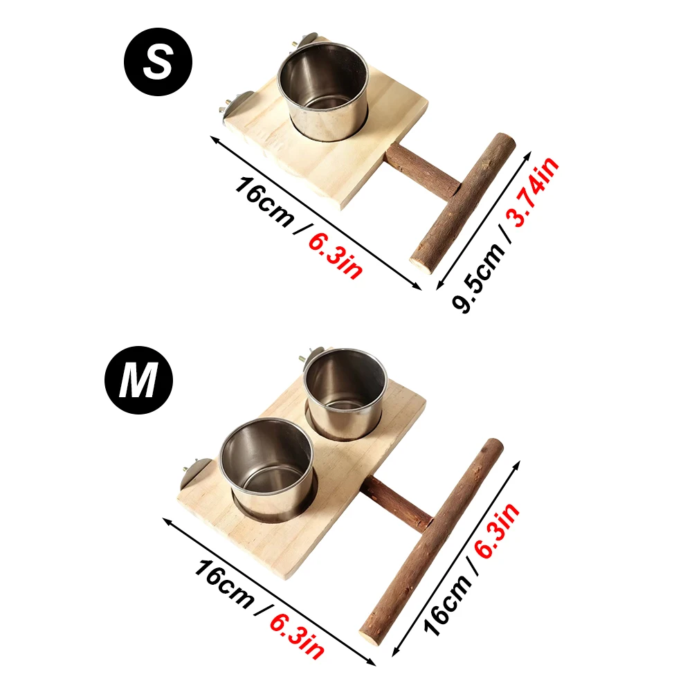 1Set Wood Bird Stand Platform with Single/Double Stainless Steel Feed Bowl Chew Toy for Pet Bird Parrot Cage Hanging Accessories