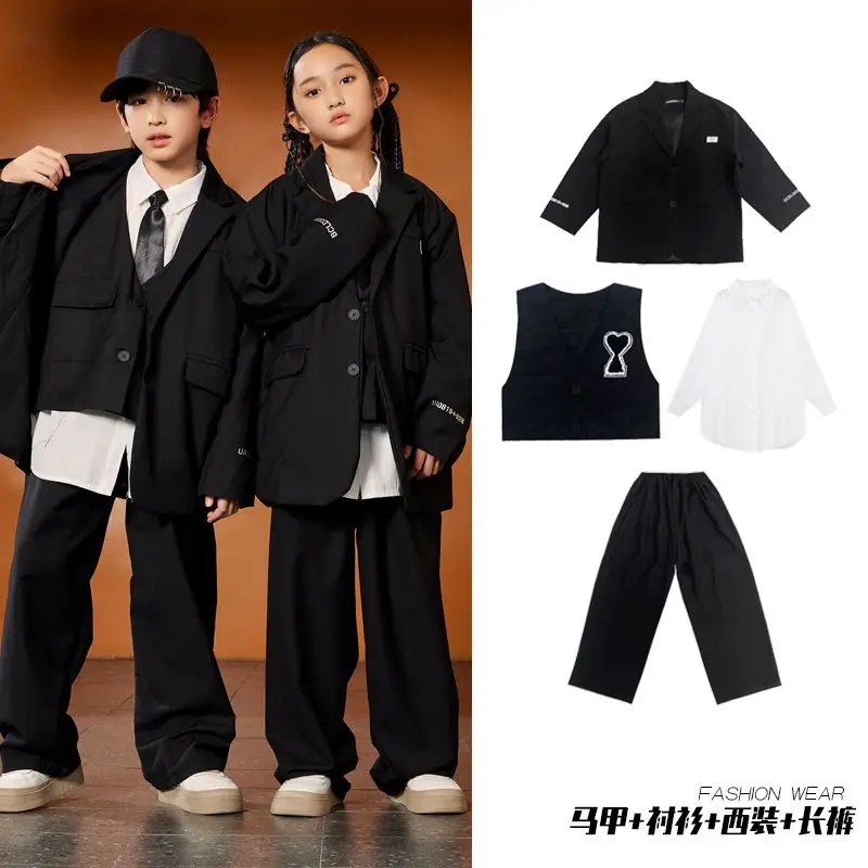 2024 Drum Jazz Dance Costumes For Girls Black Suit Boys Hip Hop Dance Performance Clothing Children Stage Rave Clothes