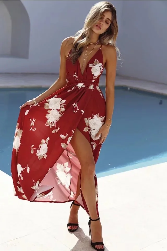 Robe de soirée longue à col en V et dos nu pour femmes, robe à licou, jupe flottante, coupe basse, bohème, plage, sexy, mode estivale, nouveau, 2024