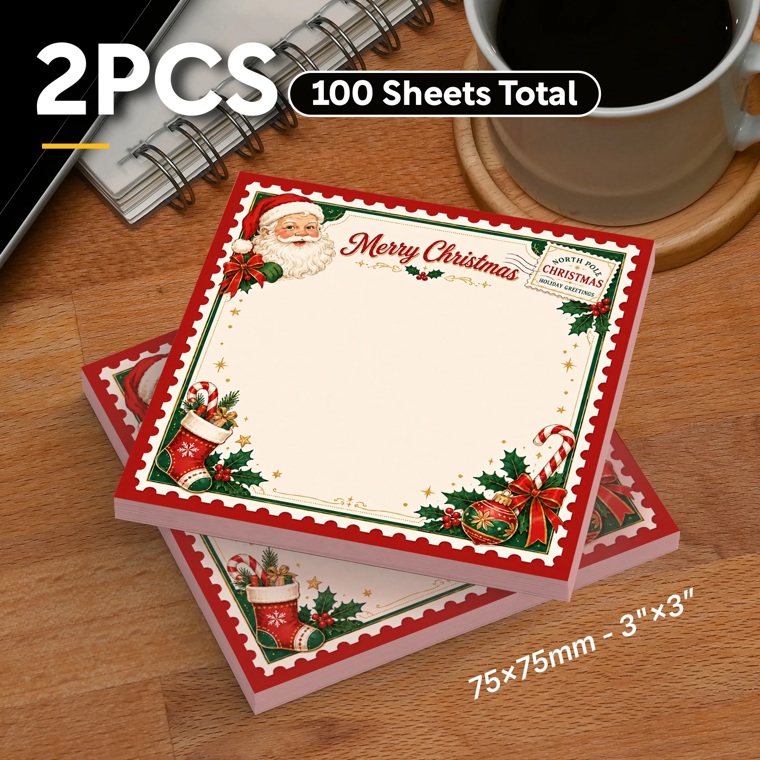 2PCS Christmas Self Adhesive Sticky Notes 100 Sheets Santa Claus Candy Cane Stocking Holly Merry Christmas Memo Pads Holiday Off