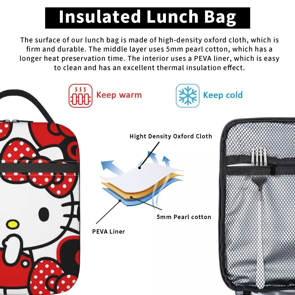 Tas Makan Siang Terisolasi Hello Kitty Cover Mouth Tas Termal   Wadah Makan Siang Tas Makan Siang Kapasitas Tinggi Tas Penyimpanan Makanan Sekolah