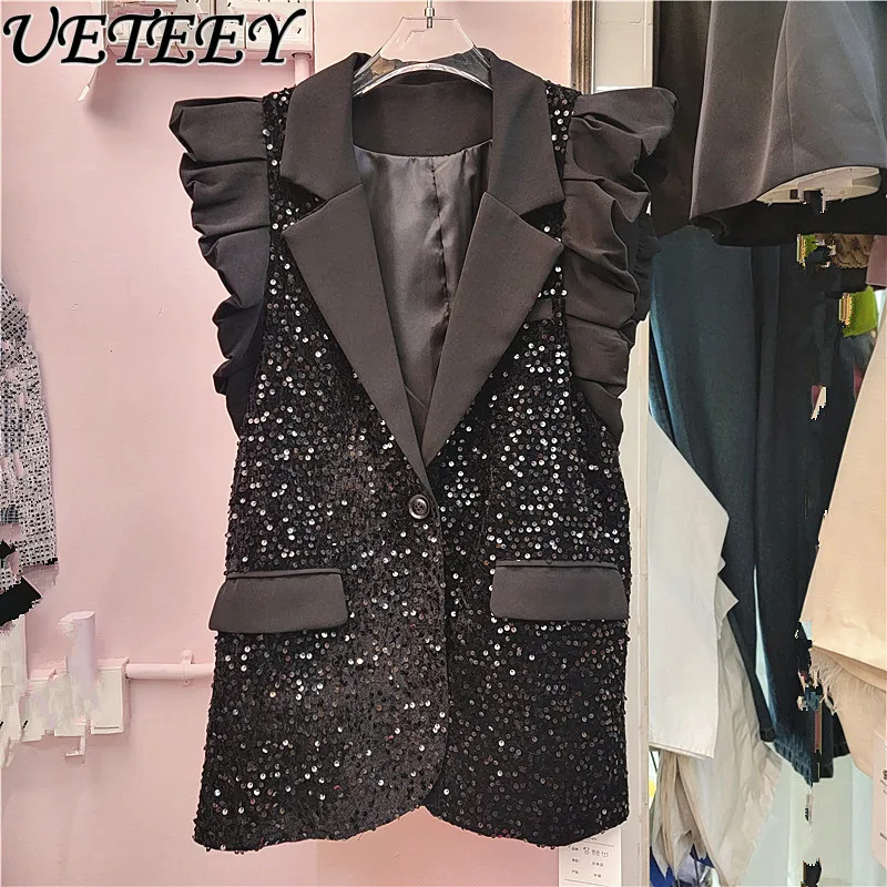 Spring Autumn New Lotus Leaf Flying Sleeve Jacket Age-reducing Loose Heavy Industry Sequined Vest Suit Outerwear Versatile Coat