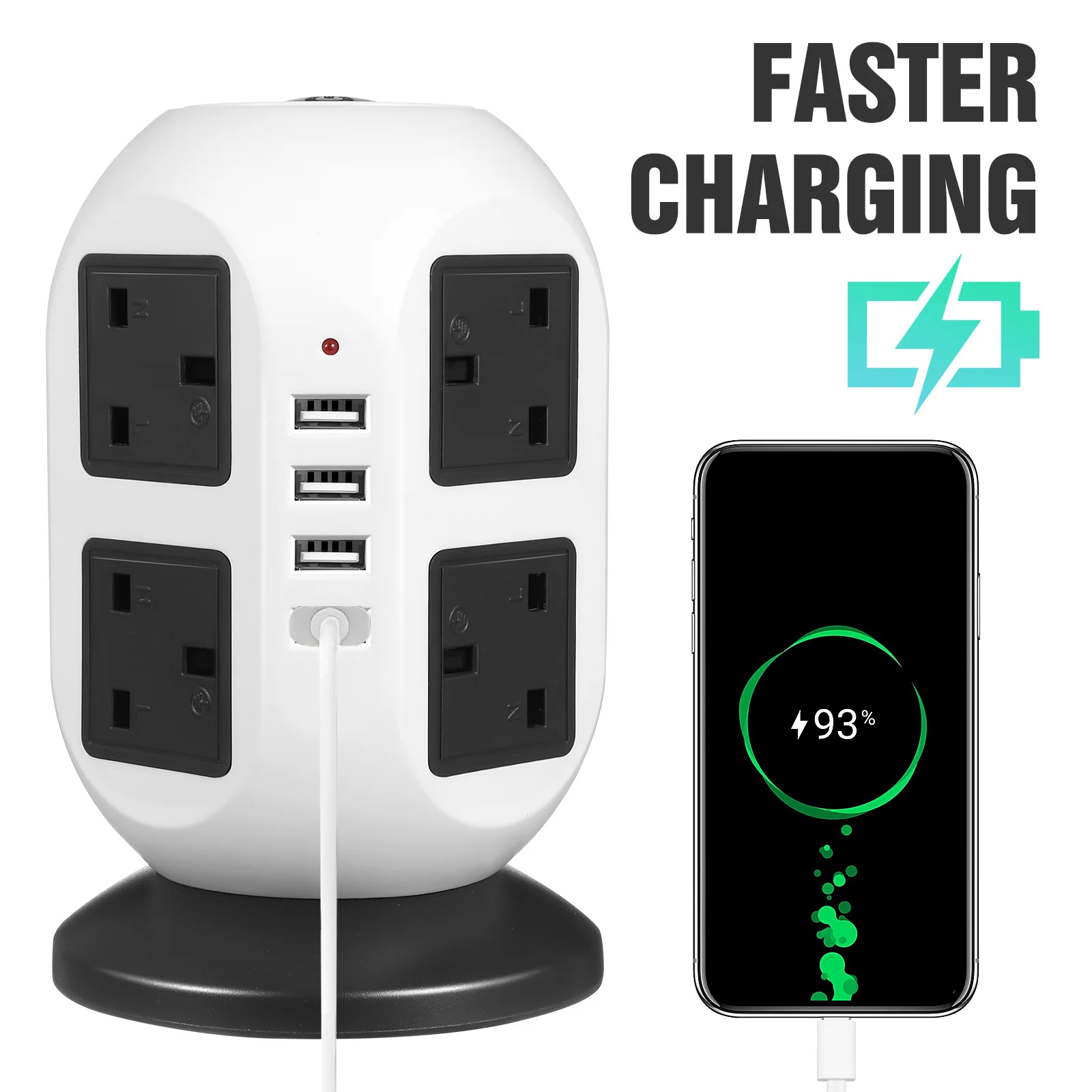 

Power Strip Multi Outlet Vertical Power Extension Socket Surge Protector USB Charging Ports Stable Stand Long Cable Home