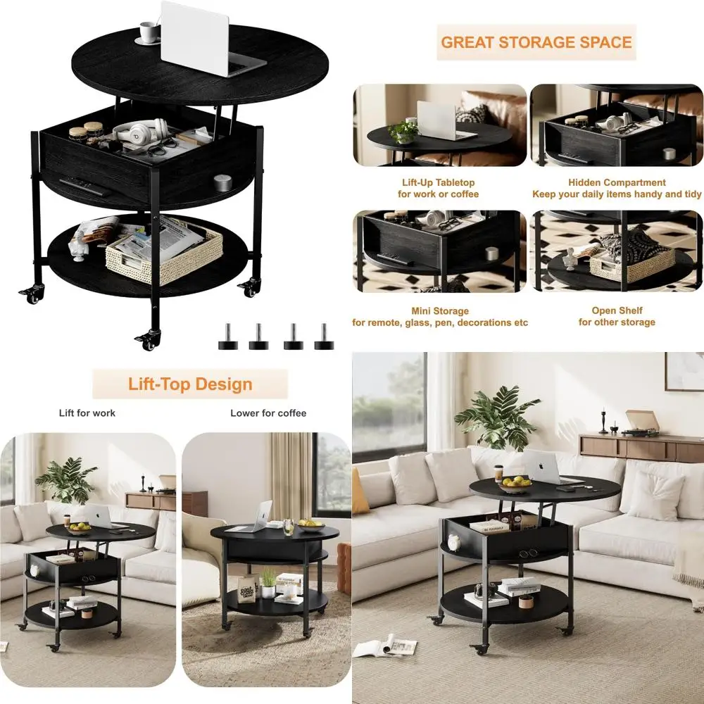 

Mid-Century Style Black Coffee Table with Lift Top, Removable Wheels, Hidden Storage, and Open Shelf