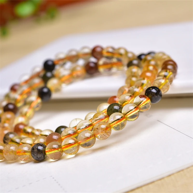 Natural Colored Rutilated Quartz Triple Circle Bracelet Crystal Jewelry Stretch Children Birthday Gift 1pcs 4/6MM