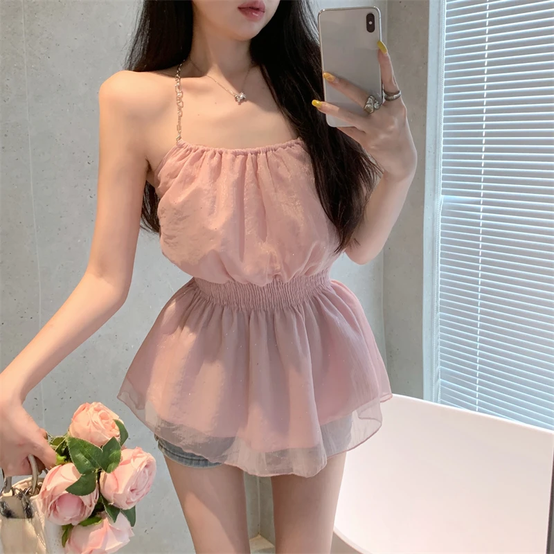 Ezgaga Sweet Tank Top Woman Halter Slash Neck Backless Chiffon Sleeveless Tops Elegant Summer Casual Female Camis Outwear