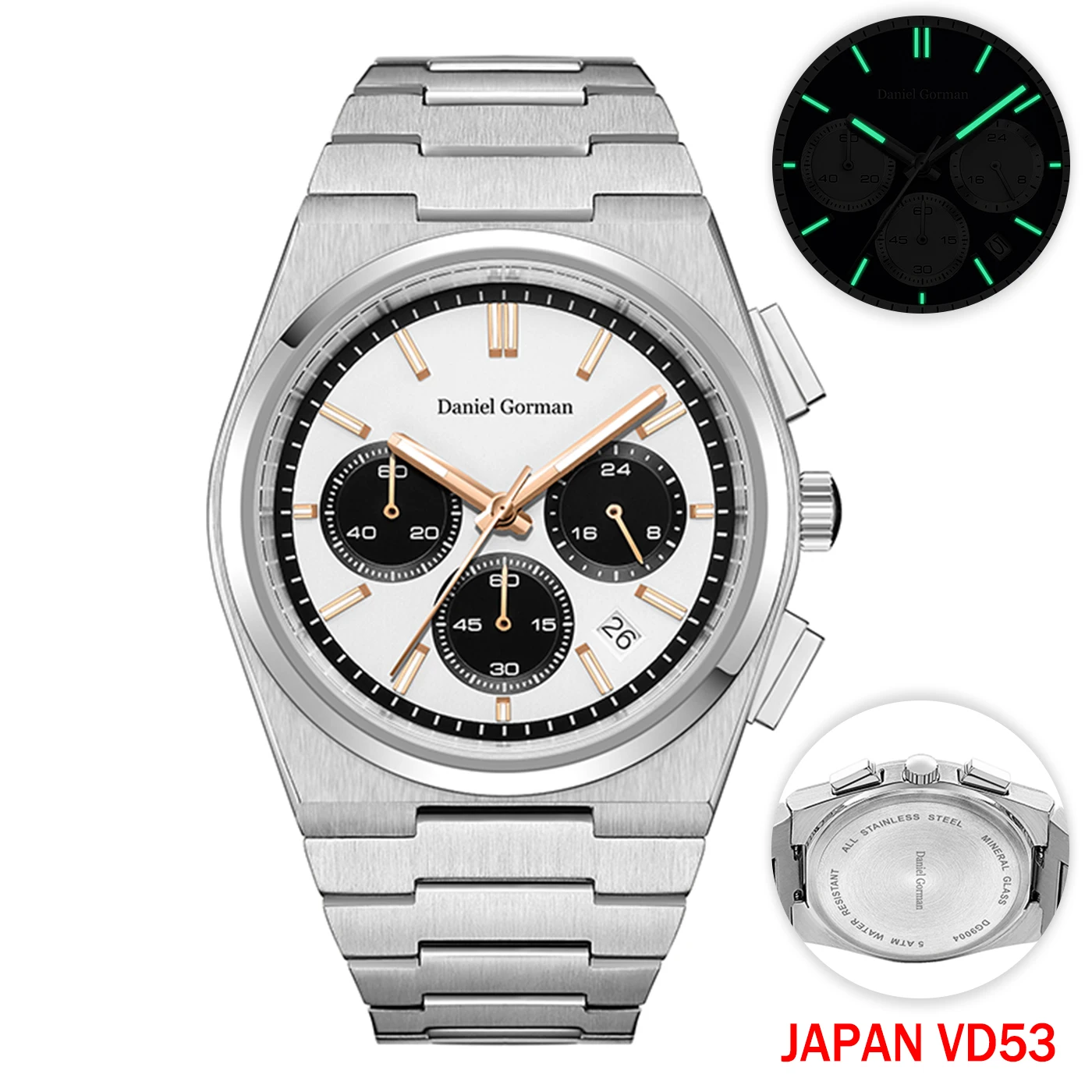 

DG Men Luxury Quartz Chronograph Watch 316L Stainless Steel 50M Waterproof Luminous Business Sport Wristwatch Blue White Dial