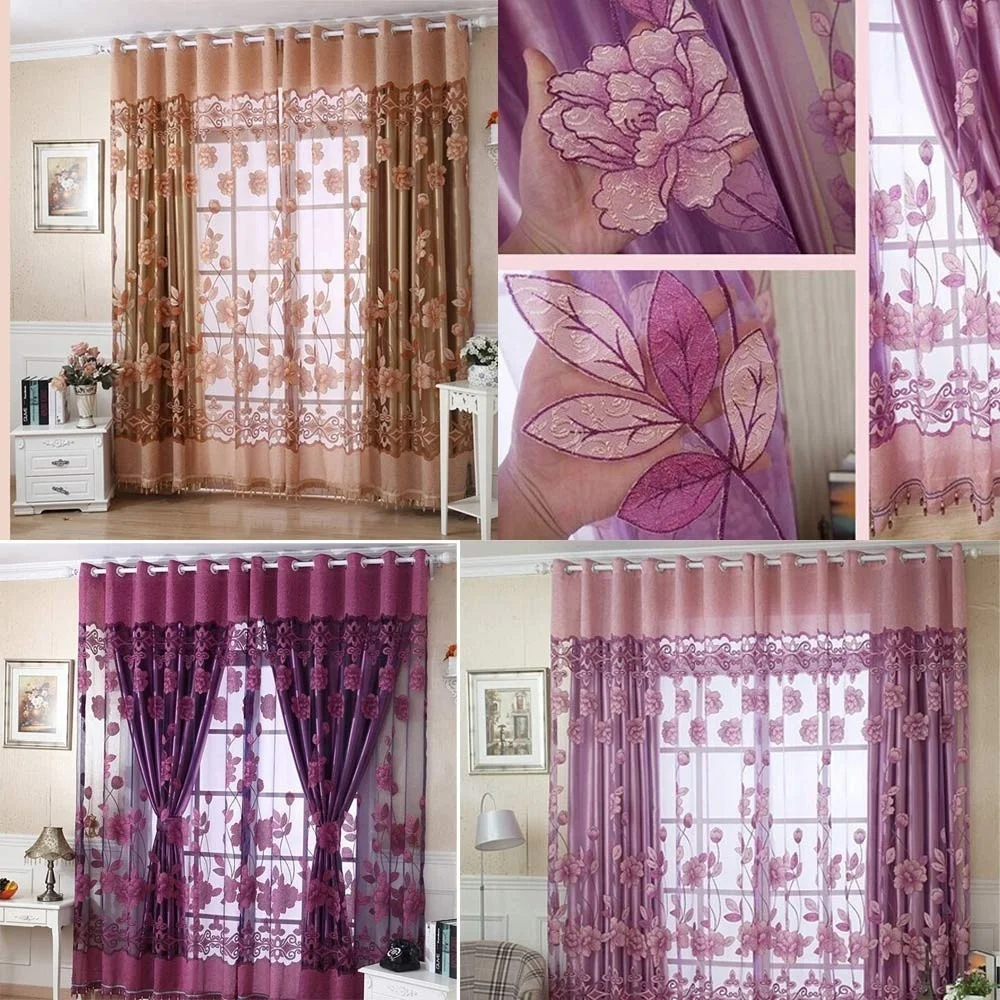 Jacquard Curtains Peony transparent window screen curtains Burnout Tulle for Window Living Room Voile Curtain Home Textiles