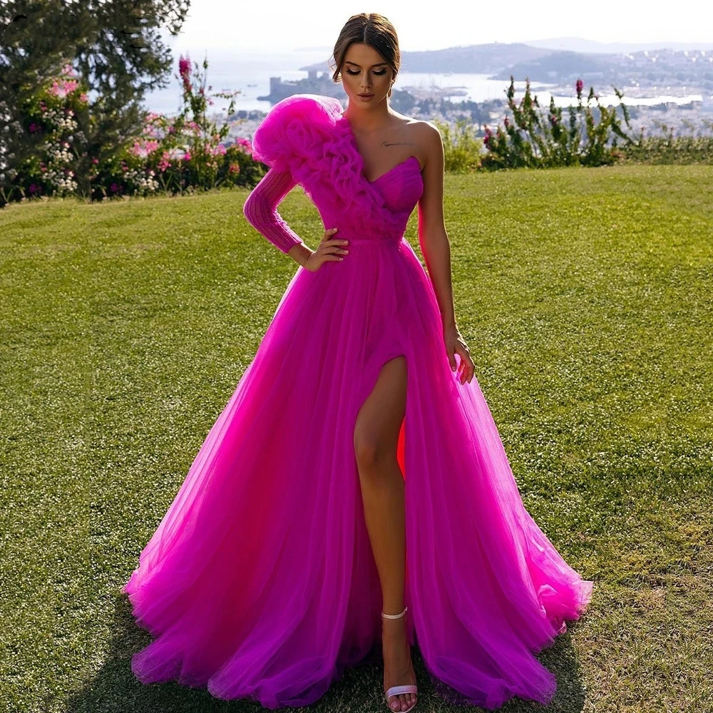 Sexy Fuchsia One Shoulder Split Prom Dresses Ruffles  A Line Long Tulle Women Evening Gowns Formal Special Occasion