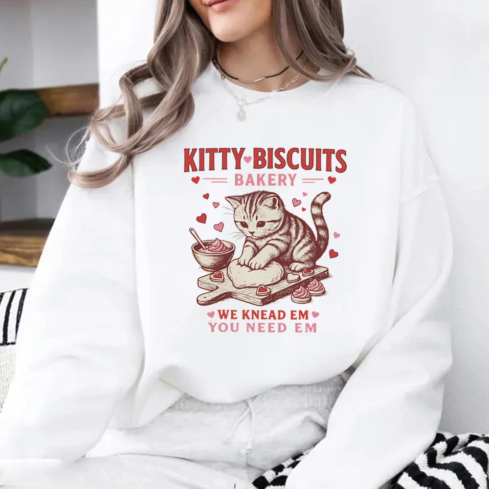 Kitty Biscuits Bakery Sweatshirt kawaii Cat Shirt Vday Cat Lover Pullover Cute Kitten Baking Cookies long sleeves Sweatshirts