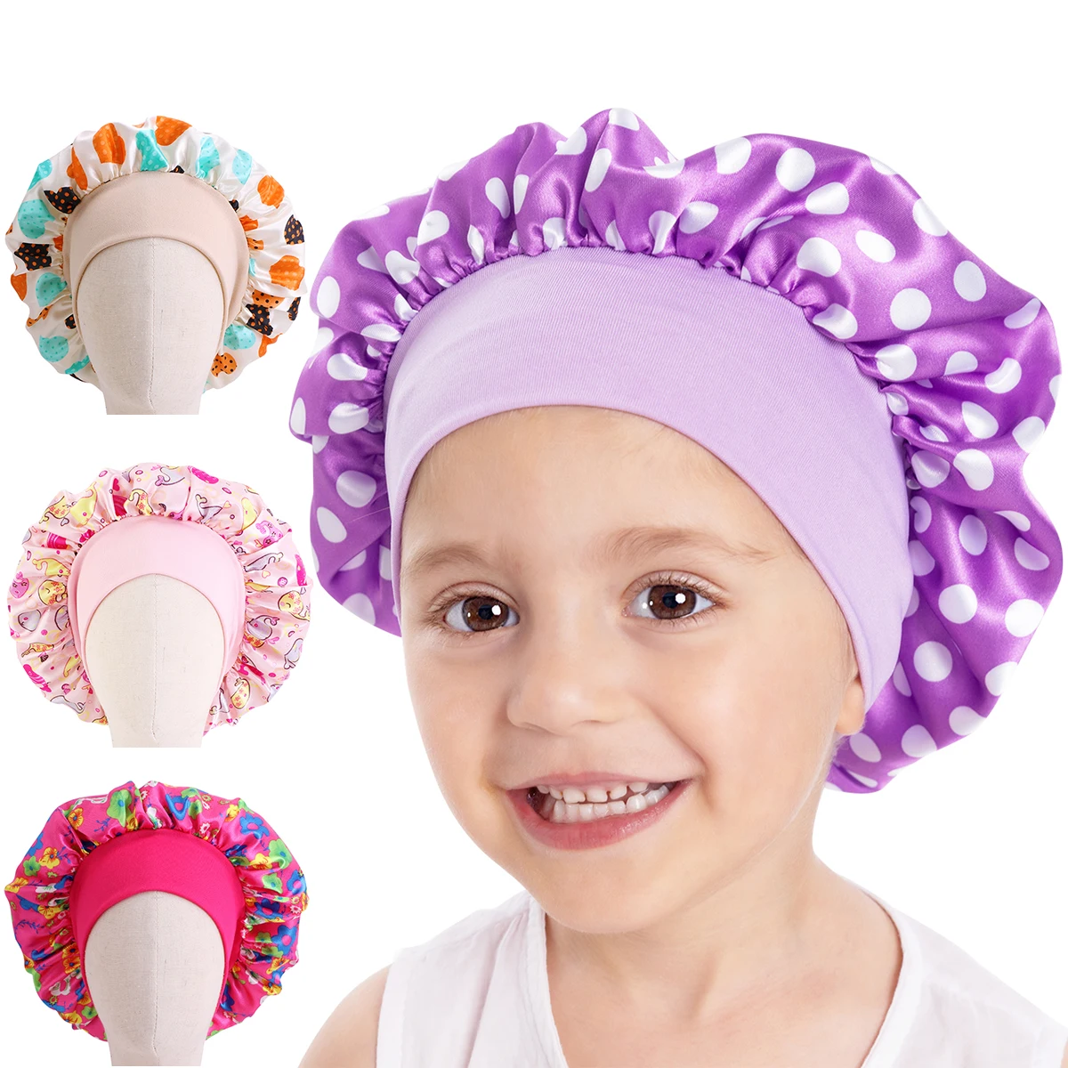 

Satin Bonnet For Kids With Fruits Dot Printed Children's Wide Brim Elastic Floral Bonnet Caps Comfortable Sleeping Accessories