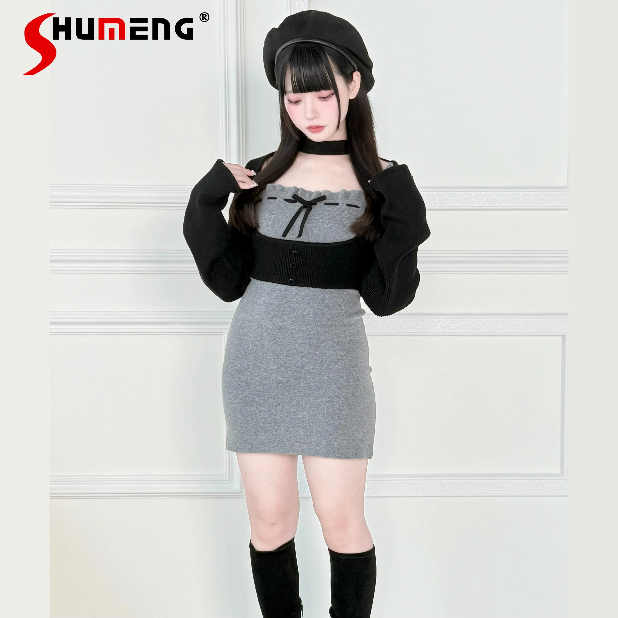 

Japanese Style Mass-Produced Sweet Knitted Dress Smock 2-Piece Set New Autumn Girls Women Slimming Sweet Elegant Mini Dress